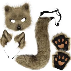 Plyschmask med rävsvans och öron set, katt svans räv kostym cosplay kostym med kattöron och tasshandskar halloween cosplay grön grön> Tillbehör