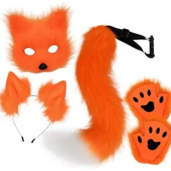Plyschmask med rävsvans och öron set, katt svans räv kostym cosplay kostym med kattöron och tasshandskar halloween cosplay orange> Tillbehör