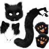 Plyschmask med rävsvans och öron set, katt svans räv kostym cosplay kostym med kattöron och tasshandskar halloween cosplay svart och vit> Dräkter