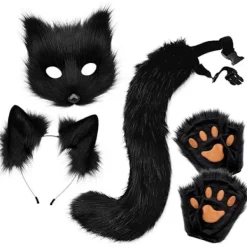 Plyschmask med rävsvans och öron set, katt svans räv kostym cosplay kostym med kattöron och tasshandskar halloween cosplay svart och vit | Fyndiq> Tillbehör