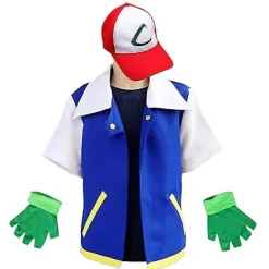 Pokémon Anime Tränare Kostym Pojkar Ash Ketchum Vuxen Cosplay För Flickor Halloween Blå Jacka Hatt och Handskar Set - Perfekt M> Dräkter