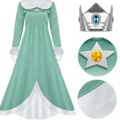 Prinsessan Peach Kostym, Peach Daisy Rosalina Utklädningsklänning för Flickor Cosplay Outfit med Tillbehör><noscript><img width=