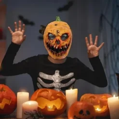 KOOLYOU Pumpamonstermask - Läskig Helhuvudmask Pumpahuvudmask för Vuxna Nyhet Skräck Halloween Kostymfest Cosplay Rekvisita Pumpkin demon><noscript><img width=