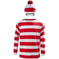 Röd- och vitrandig cosplay-kostym för vuxna - Var är Waldo nu T-shirt, tröja, hatt och glasögon Kvalitetsgåvor 2XL Shirt> Dräkter