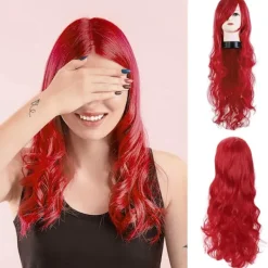Röd Peruk för Kvinnor 80cm 31.5tum Lång Lockig Röd Cosplay Peruk Värmebeständig med Snedlugg><noscript><img width=