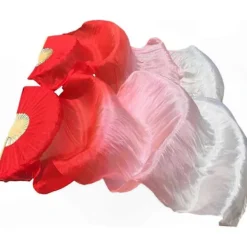 Röd till Vit Vikbar Bambuslöja för Scenföreställningar och Dansuppvisningar - Lång Magdansfläkt med Sidenmaterial><noscript><img width=