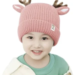 Renmössa för spädbarn och småbarn - Söt virkad stickad mössa med horn, varm huvudbonad för pojkar och flickor><noscript><img width=