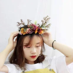 Rensdjurshorn Huvudband Med Blommor Julhårtillbehör Elghorn Huvudbonad Tomteluva Elghorn Huvudbonad Barn Vuxna Fest Fotorekvisita Kostym A><noscript><img width=