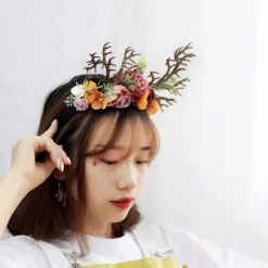 Rensdjurshorn Huvudband Med Blommor Julhårtillbehör Elghorn Huvudbonad Tomteluva Elghorn Huvudbonad Barn Vuxna Fest Fotorekvisita Kostym A><noscript><img width=