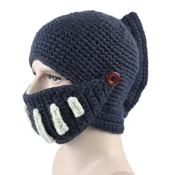 Romersk riddare stickad blå mössa vinter gladiator mask mössa handgjord stickad herrhatt> Huvudbonader