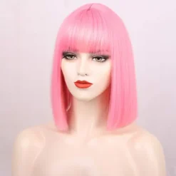 Rosa Bob Peruker med Lugg 35 cm Syntetisk Färgglad Kort Rakt Hår> Peruker