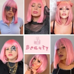 Rosa Bob Peruker med Lugg 35 cm Syntetisk Färgglad Kort Rakt Hår><noscript><img width=