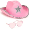Rosa Cowgirlhatt med hjärtformade glasögon - Rosa Cowboyhatt med silverpaljettstjärna - Halloweendekor Ko> Huvudbonader