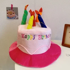 Rosa Plyschhatt med Grattis på Födelsedagen-Tårta - Unisex Vuxenstorlek Festkläder> Huvudbonader