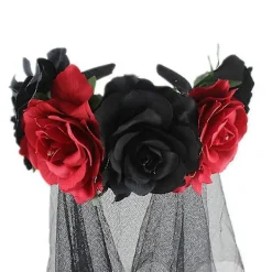 Rosblommig Slöja Halloween Kostym Hårband Dödsdagens Huvudbonad För Festival Karneval Fest (svart och röd)><noscript><img width=