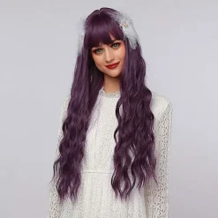 Rosröd vågig peruk. Lång lockig peruk med lugg för kvinnors kostym syntetisk full><noscript><img width=