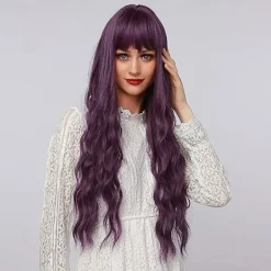 Rosröd vågig peruk. Lång lockig peruk med lugg för kvinnors kostym syntetisk full><noscript><img width=