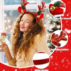Rött Pannband med Renhorn och Paljetter - Julprydnad för Födelsedagar, Julfester, Vuxen Cosplay & Kostymdekoration><noscript><img width=