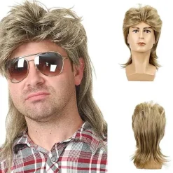 Ryan peruk blond 1 del, mullet, brun blond, 80-tal, löshår,> Peruker