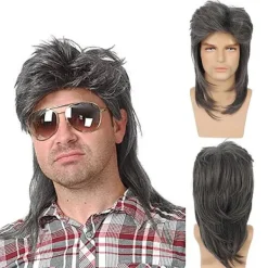 Ryan peruk blond 1 del, mullet, brun blond, 80-tal, löshår,> Peruker