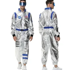 Rymdastronaut Silver Jumpsuit för Vuxna Män och Kvinnor Halloween Cosplay Party Kostym Par Rymddräkt Robot Uniform Kostym XL XL XL Women Blue Set><noscript><img width=