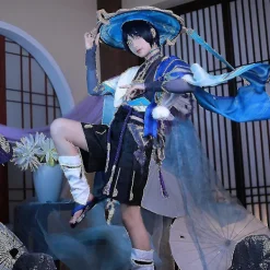 Scaramouche Cosplay Genshin Impact Kostym Peruk Hatt Komplett Set Anime Halloween Genshin Cosplay Wanderer Kostym Uniform För Män> Dräkter