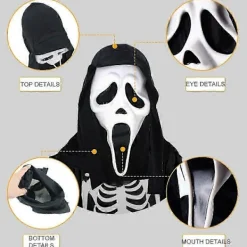 Scream Mask med Svart Hätta Spöke Ansikte Halloween Maskerad Tillbehör><noscript><img width=