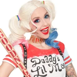 Serietidningar - Harley Quinn peruk i polyester (vuxen) Två tofsar: en rosa a-FM-> Peruker