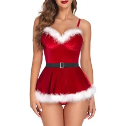 Sexig Julunderkläder för Kvinnor Santa Babydoll Chemise Röd Kostym med 4 delar> Dräkter