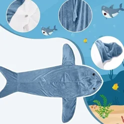 Shark filt-hoodie onesie för vuxna och barn, mysig flanell hajdräkt haj sovsäck *H blå M><noscript><img width=