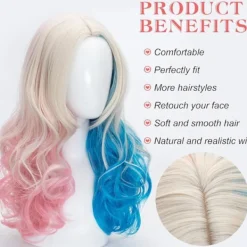 Shengruili Harley Quinn Peruk Kvinna Lång Cosplay Peruk Skurk Quinn Peruk Cosplay Peruk Blond Blå Rosa Karneval Halloween Karnevalfester><noscript><img width=