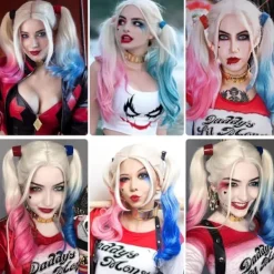 Shengruili Harley Quinn Peruk Kvinna Lång Cosplay Peruk Skurk Quinn Peruk Cosplay Peruk Blond Blå Rosa Karneval Halloween Karnevalfester><noscript><img width=