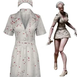 Silent Hill Sjuksköterska Cosplay Kostym Skräck Blodstänkt Klänning med Huvudstycke för Kvinnor Halloween Outfit L L> Dräkter