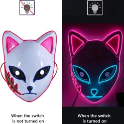 del SINSEN Demon Slayer Fox Mask LED Cosplay Kattmask Japansk anime Halloween kostym rekvisita för barn Vuxna Rosa><noscript><img width=