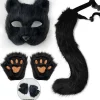 SJJYV Faux Fur Fox Tail Cat Werewolf Cosplay Set Plysch Mask Fluffiga Tassar Handskar Halloween Jul Svart> Tillbehör