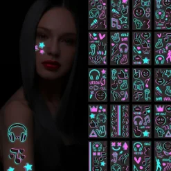 INF Självlysande Vattentäta Temporära Tatueringar - 10 Ark Set, Tvåfärgade Ljusdekaler, Perfekt för Festivaler och Fester B> Smink