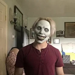 Skräck Halloweenmask leende demon skräck vit mask med ögon rollspel, vit><noscript><img width=