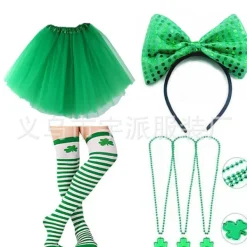 Smyckeset för St. Patrick's Day - Irländskt grönt klöverdiadem, strumpor och kjol> Dräkter