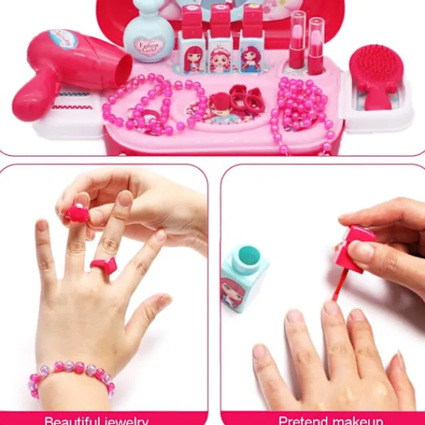 Xuigort Smyckeskrin och kosmetikalådor för barn Flickor Frisörsalong Leksak Present till prinsessa, Rosa> Smink