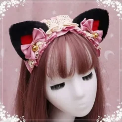 Spetsband med kattöron, Halloween Cosplay kattöron, spetsband med klockor, söt plysch fest djur pannband för barn, flickor, fest><noscript><img width=