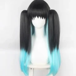 Spöklik Klinga Tokitsu Muichiro Kasaju Svart Gradient Färgblockering Blandad Blå och Grön Dubbel Hästsvans Cos Peruker[CO]> Peruker