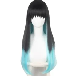Spöklik Klinga Tokitsu Muichiro Kasaju Svart Gradient Färgblockering Blandad Blå och Grön Dubbel Hästsvans Cos Peruker[CO]> Peruker