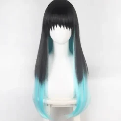 Spöklik Klinga Tokitsu Muichiro Kasaju Svart Gradient Färgblockering Blandad Blå och Grön Dubbel Hästsvans cos peruker> Peruker