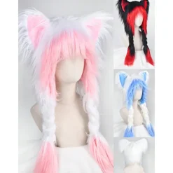 Söt plyschig katthatt med dubbla svansar och långt hår, fluffiga öron för rollspel, perfekt för vintervärme. Halloween-kostymset tillbehör hatt (rosa). | Fyndiq> Peruker