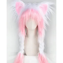 Söt plyschig katthatt med dubbla svansar och långt hår, fluffiga öron för rollspel, perfekt för vintervärme. Halloween-kostymset tillbehör hatt (rosa). | Fyndiq> Peruker