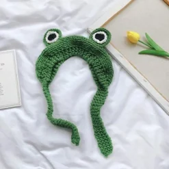 Söt Storögd Rolig Groda Beaniehatt med Öronlappar Stickade Mössor Varma Manschetter Vintermössa för Kvinnor Barn (Grön)> Huvudbonader