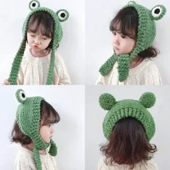 Söt Storögd Rolig Groda Beaniehatt med Öronlappar Stickade Mössor Varma Manschetter Vintermössa för Kvinnor Barn (Grön)><noscript><img width=