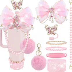 Stanley Cup Ny Dekorativt Sugrörsskydd Koppärm Koppkedja med Rosett Paljett Hänge och Plysch Pom-Pom Hänge> Tillbehör