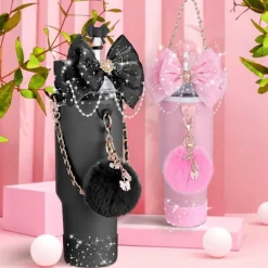 Stanley Cup Ny Dekorativt Sugrörsskydd Koppärm Koppkedja med Rosett Paljett Hänge och Plysch Pom-Pom Hänge><noscript><img width=