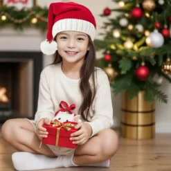 Holocky Stickad Julmössa med Tofs för Vuxna och Barn, Röd Jultomte-mössa><noscript><img width=